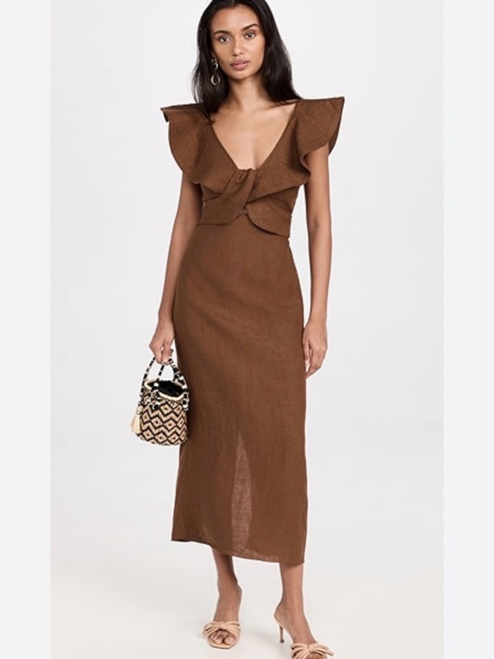 Johanna Ortiz Kilimanjaro Ruffled Linen Midi Dress Size 2 Brown